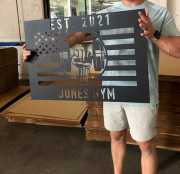 Metal American Flag Gym Sign with Fist